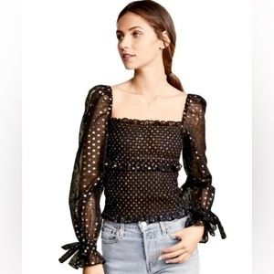 LIKELY NYC Sheer Organza Polka Dot Black Gold Metallic Smocked Peasant Top